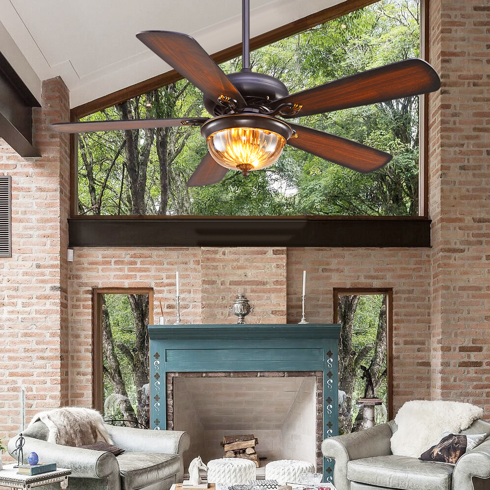 60W 52 Inch Flush Mount Ceiling Fan with Light 5 ABS Blades for Living Room