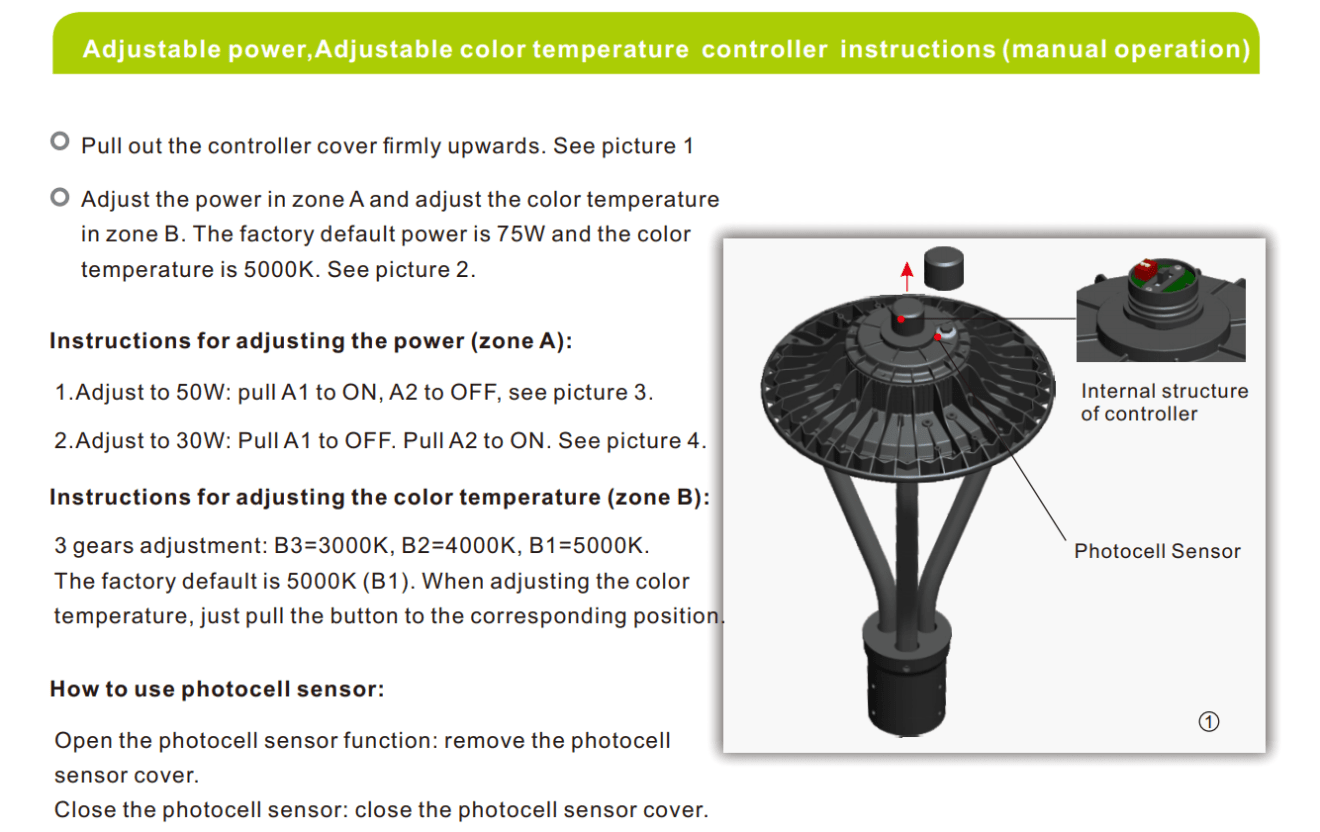 Adjustable LED Post Top Light 30W 50W 75W in one Light AC100-277V IP67 with DLC Listed