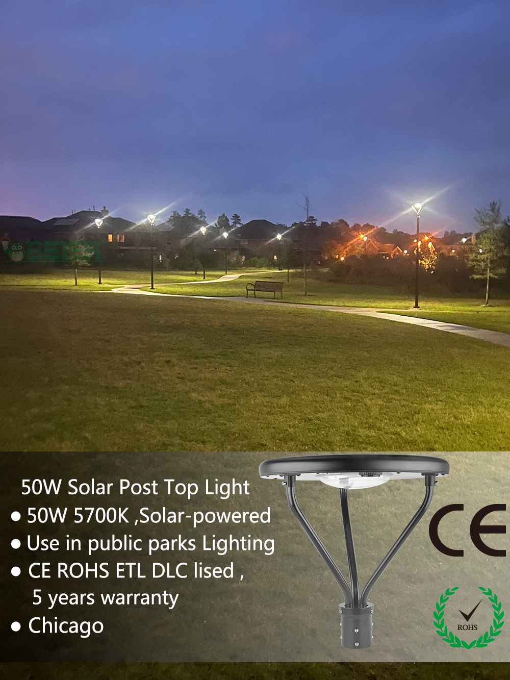 Solar Post Top Lights wholesales 50W 5700K with ETL DLC listed