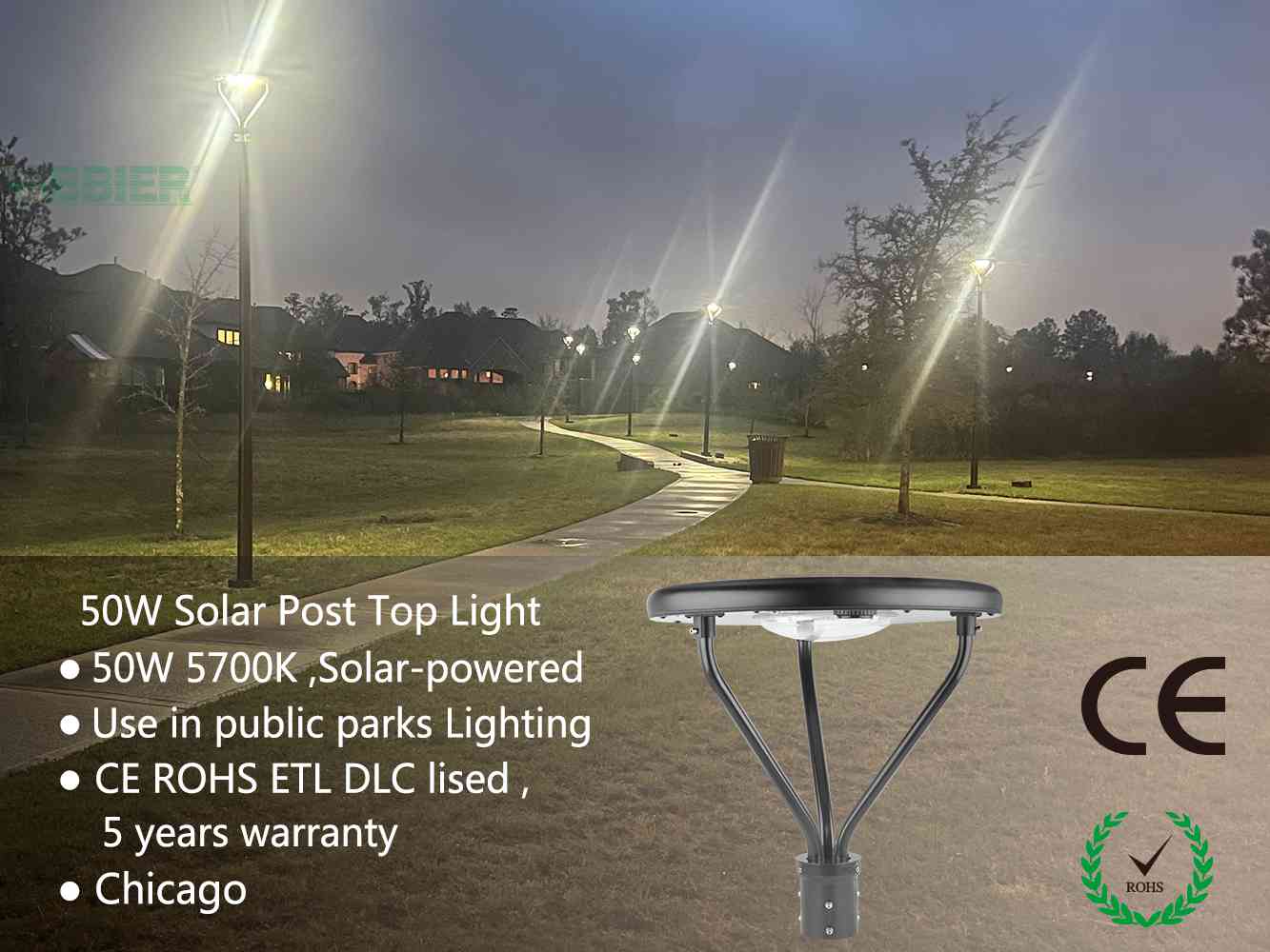 Solar Post Top Lights wholesales 50W 5700K with ETL DLC listed