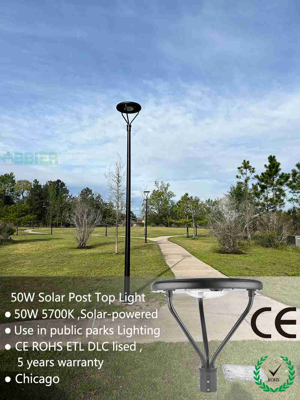 Solar Post Top Lights wholesales 50W 5700K with ETL DLC listed