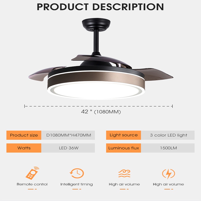 42 Inch APP Control Smart Invisible Fan Light Ventilador De Techo RGB Color Dimmable Modern Retractable Ceiling Fan With Light