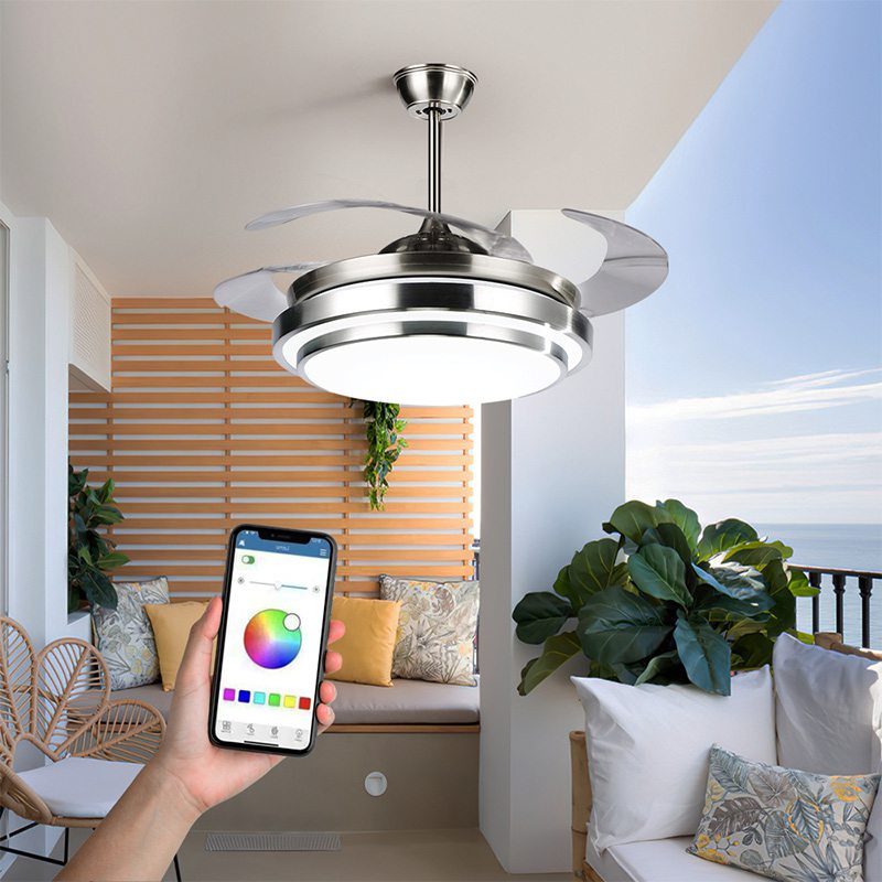 Living Room 42 Inch APP Control Invisible Fandelier Dimmable RGB Light Retractable Ceiling Fan With Remote Control